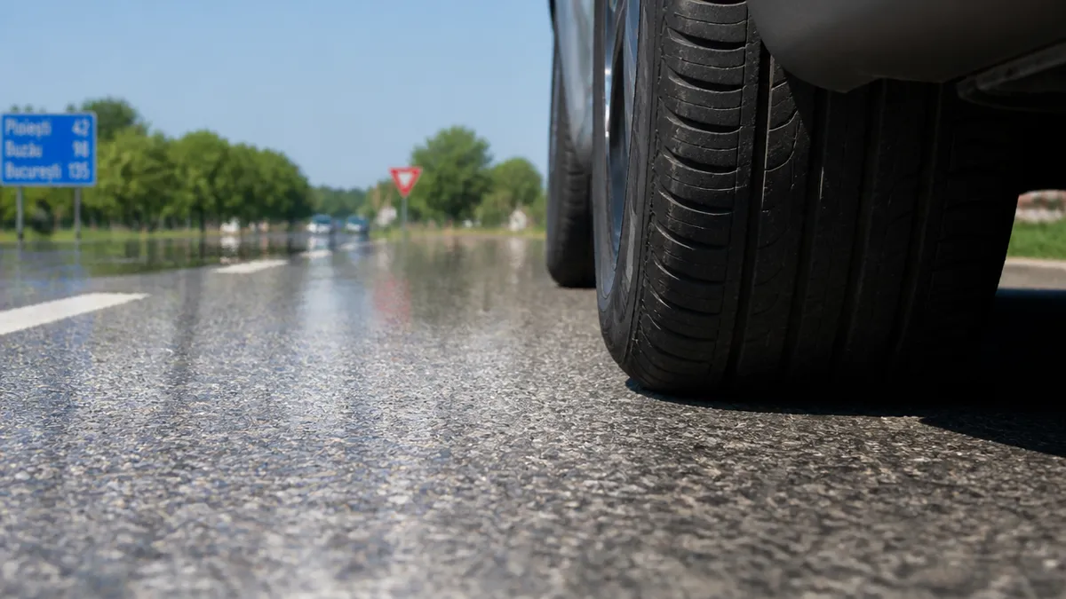 anvelopă mașină pe asfalt fierbinte vara România