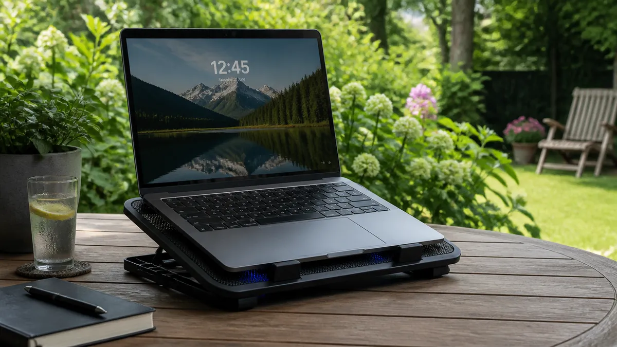 laptop pe suport de răcire în aer liber la umbră, grădină de vară