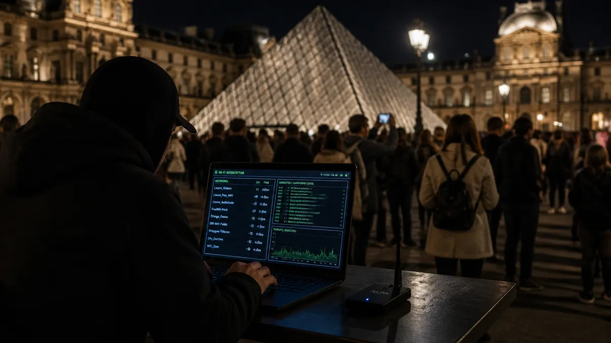 hacker care interceptează traficul Wi-Fi într-o locație turistică aglomerată vara